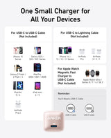 Anker Nano 20W charger shown with compact design and USB-C port, ideal for fast charging devices.