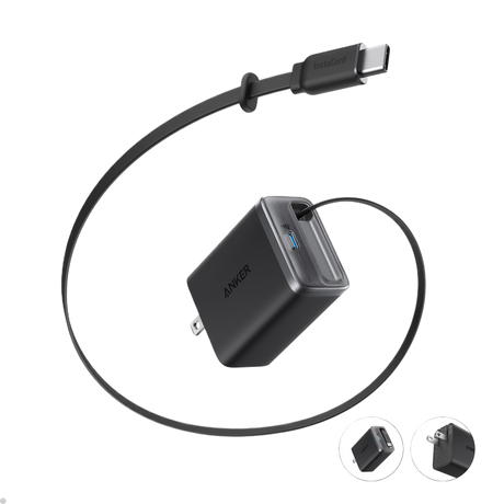 Anker Nano 35W charger with built-in retractable USB-C cable, compact black power adapter for fast device charging.