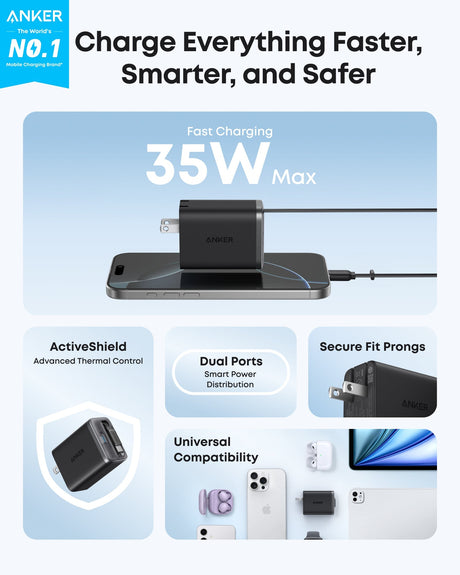 Anker Nano 35W charger with built-in retractable USB-C cable, compact and portable charging device.