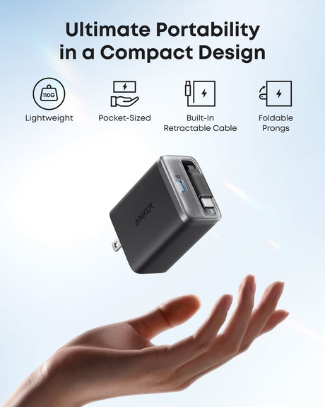 Anker Nano 35W charger with built-in retractable USB-C cable, compact and portable power adapter for fast charging devices.