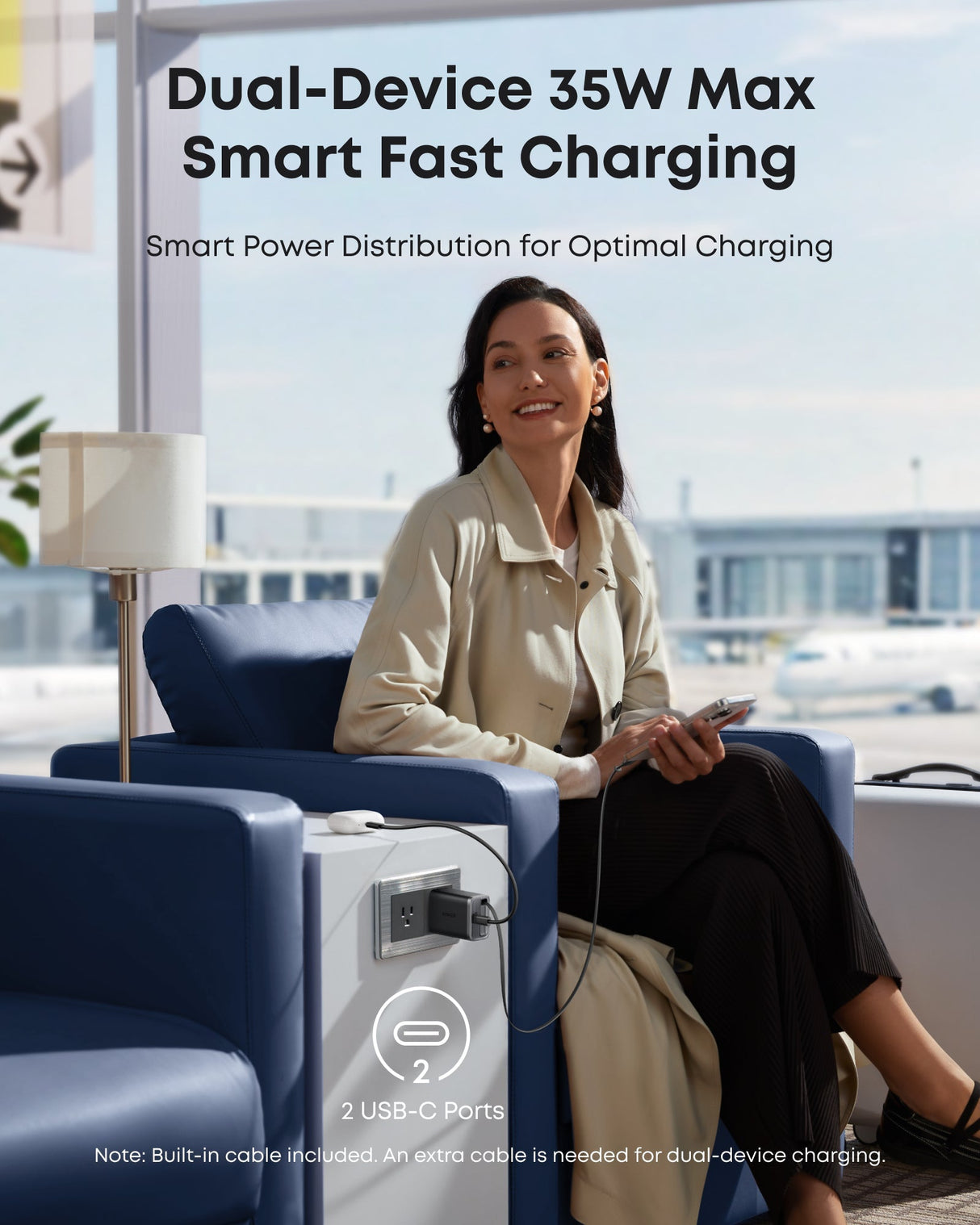 Anker Nano 35W charger with built-in retractable USB-C cable, compact and portable for fast charging devices.