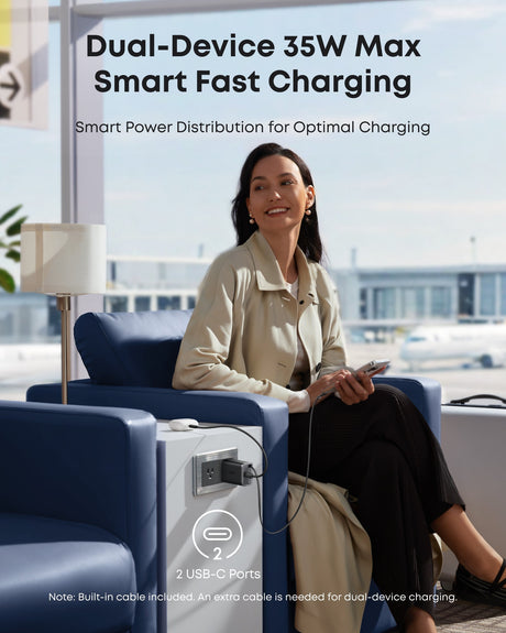 Anker Nano 35W charger with built-in retractable USB-C cable, compact and portable for fast charging devices.