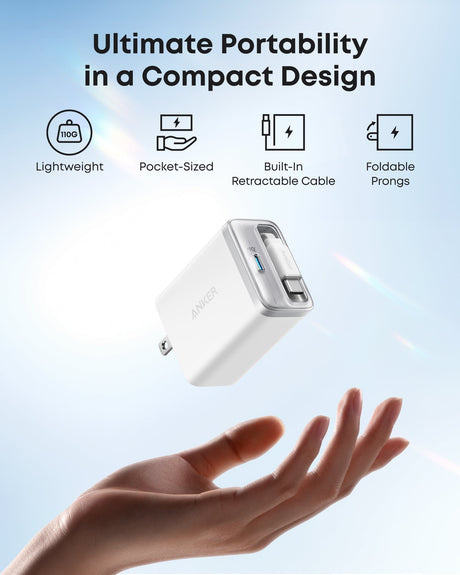 Anker Nano 35W charger with built-in retractable USB-C cable, compact power adapter for fast charging devices.