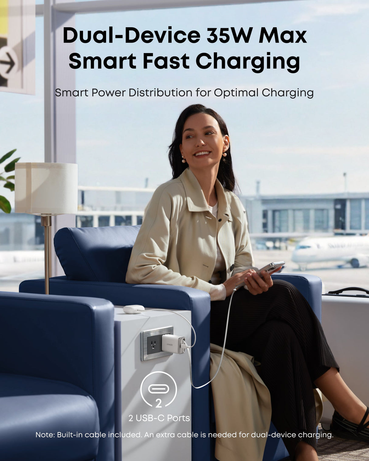 Anker Nano 35W charger with built-in retractable USB-C cable, compact design for fast charging devices.