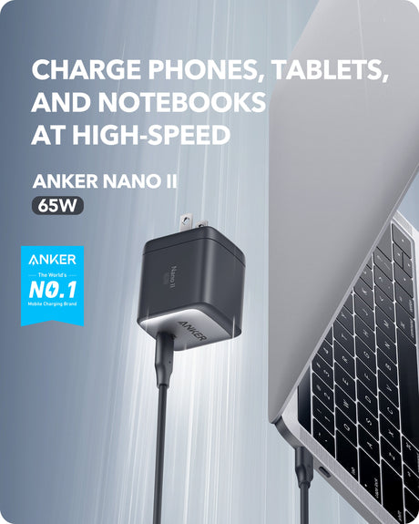 Anker 715 Nano II 65W compact USB-C charger for fast charging, shown in black with sleek design.