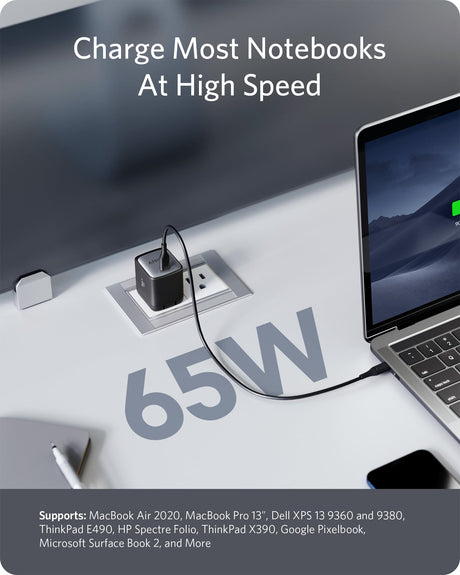 Anker 715 Nano II 65W charging-only USB-C power adapter with compact design and sleek finish.