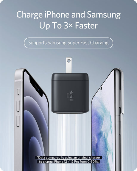 Anker 715 Nano II 65W fast charger for charging devices, compact and portable with sleek design.