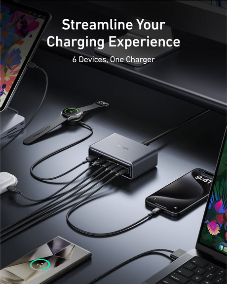 Anker Prime 200W GaN charger with 6 USB ports, compact design, black finish, and multiple charging cables connected.