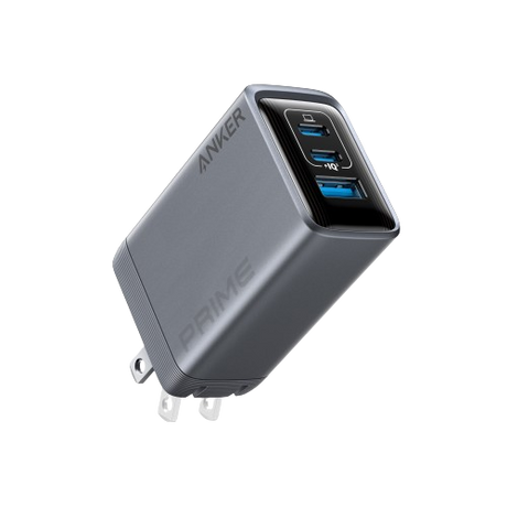 Anker Prime 100W GaN charger with three USB-C ports, compact design, and sleek black finish for fast device charging.
