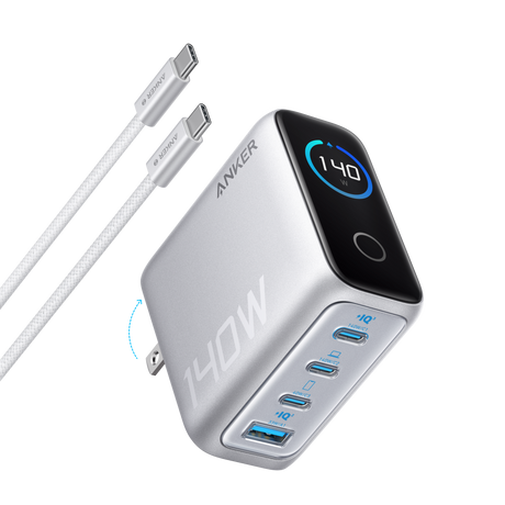 Anker 140W 4-port USB-C charger with PD 3.1 and included USB-C cable, compact and versatile for fast device charging.