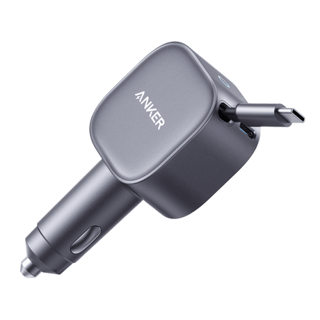 Anker Nano 75W car charger connected to a vehicle's power outlet, compact design with USB-C port for fast charging.