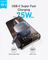 Anker Nano 75W car charger plugged into a vehicle's power outlet, compact design with USB-C port for fast charging.