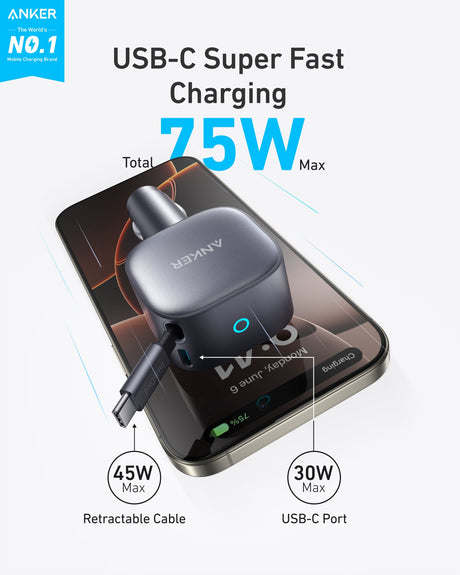 Anker Nano 75W car charger plugged into a vehicle's power outlet, compact design with USB-C port for fast charging.