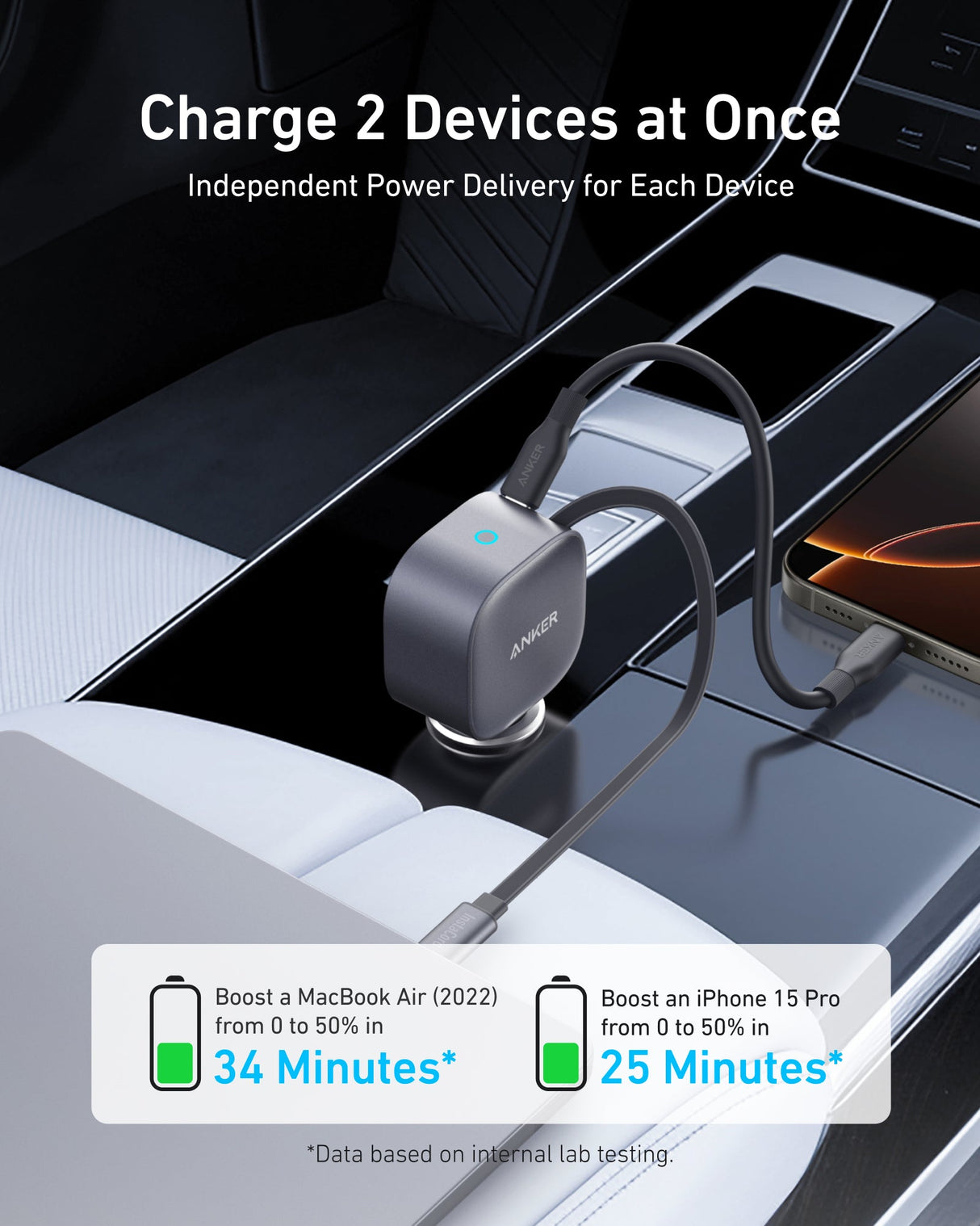 Anker Nano 75W car charger with USB-C port and compact design, suitable for fast charging devices in a vehicle.