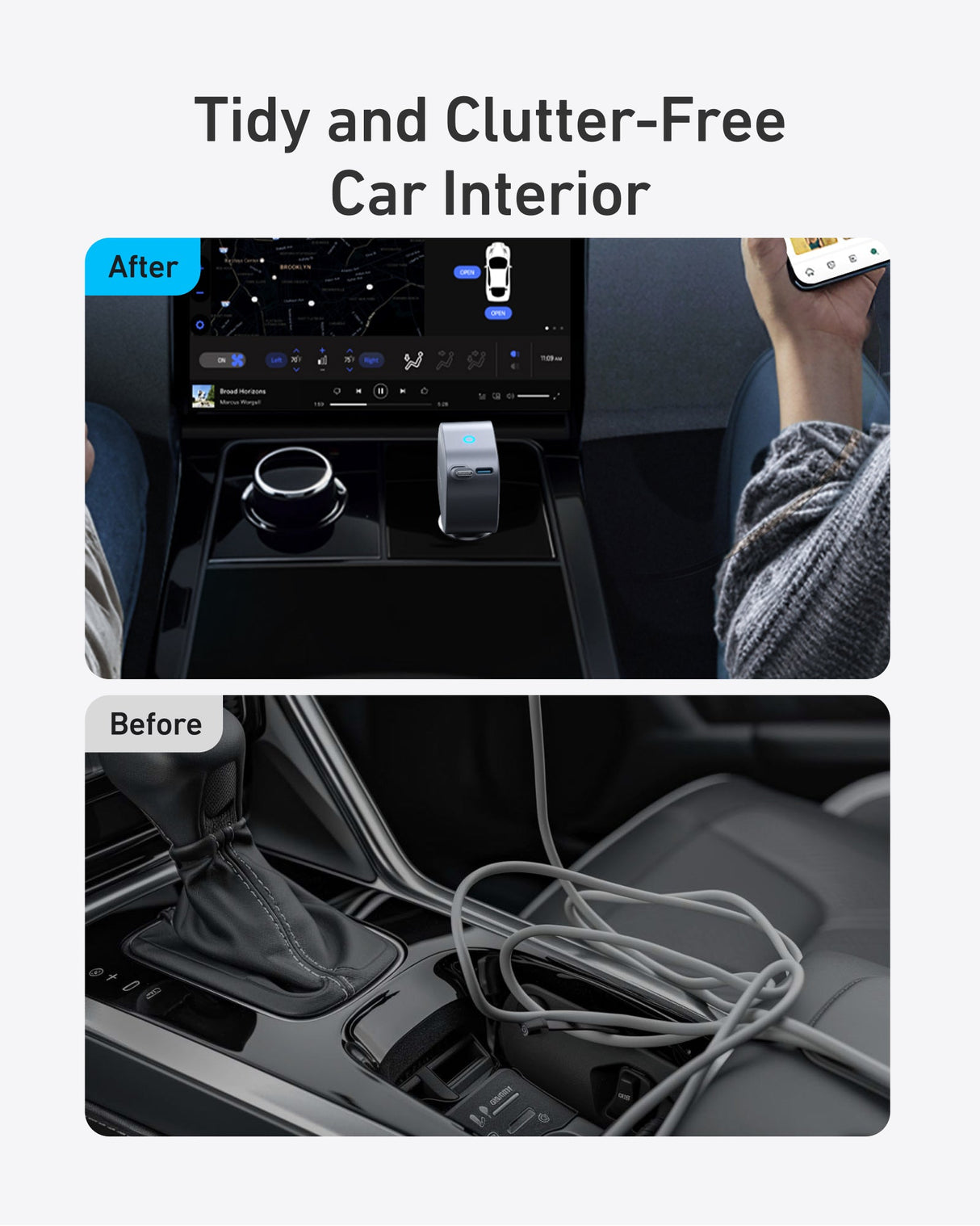 Anker Nano 75W car charger plugged into a vehicle's power outlet, compact and sleek design for fast charging on the go.