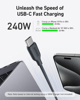 Anker 543 USB-C to USB-C bio-braided charging cable, shown with a sleek black design and reinforced connectors for durability.
