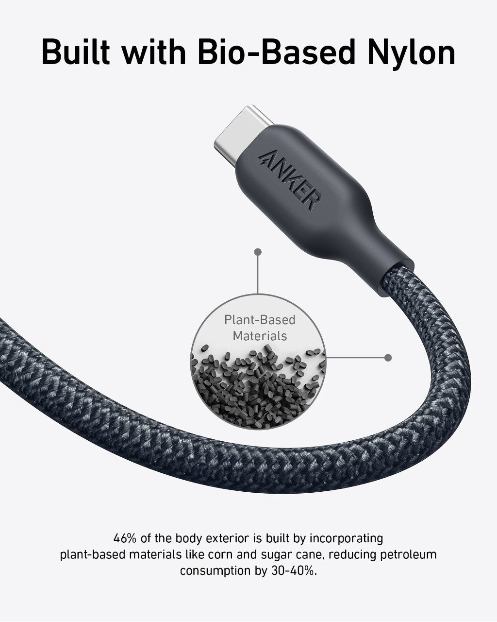 Anker 543 USB-C to USB-C bio-braided charging cable shown with durable, flexible design for fast device charging.
