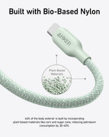 Anker 543 USB-C to USB-C bio-braided charging cable shown with a close-up of the durable, braided design and USB-C connectors.
