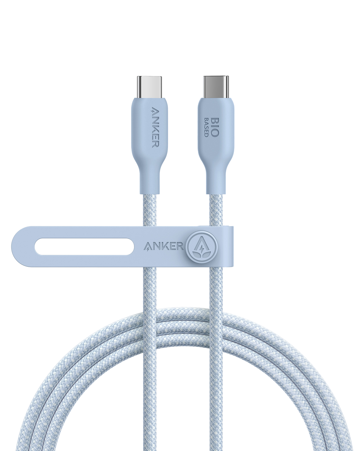 Anker 543 USB-C to USB-C charging cable with bio-braided design, durable and flexible for fast device charging.