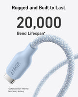 Anker 543 Bio-Braided USB-C to USB-C charging cable lying flat, durable design, suitable for fast device charging.