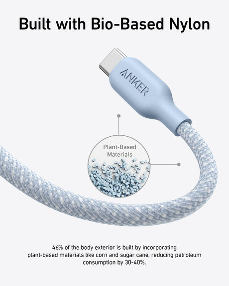 Anker 543 USB-C to USB-C bio-braided charging cable shown in a close-up, highlighting durable design and flexible construction.