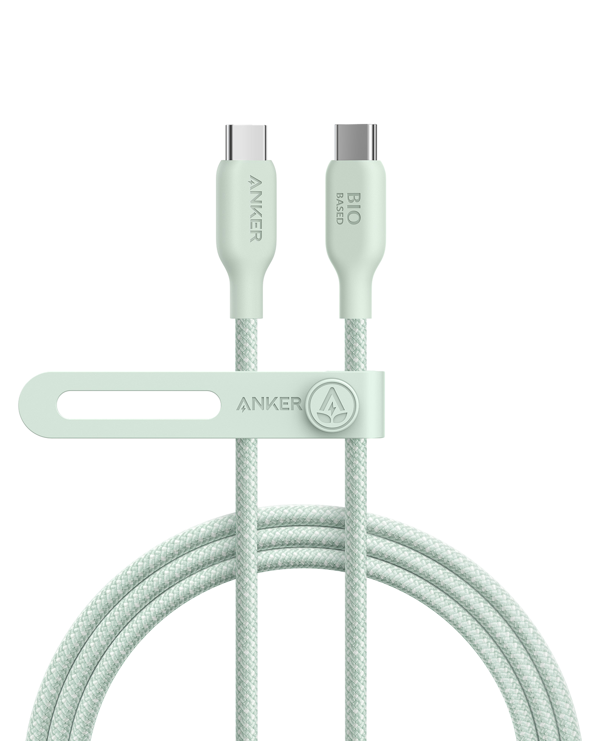 Anker 543 USB-C to USB-C bio-braided charging cable, durable and flexible for fast device charging, shown with close-up of braided design.