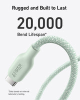 Anker 543 USB-C to USB-C charging cable with bio-braided design, durable and flexible for fast device charging.