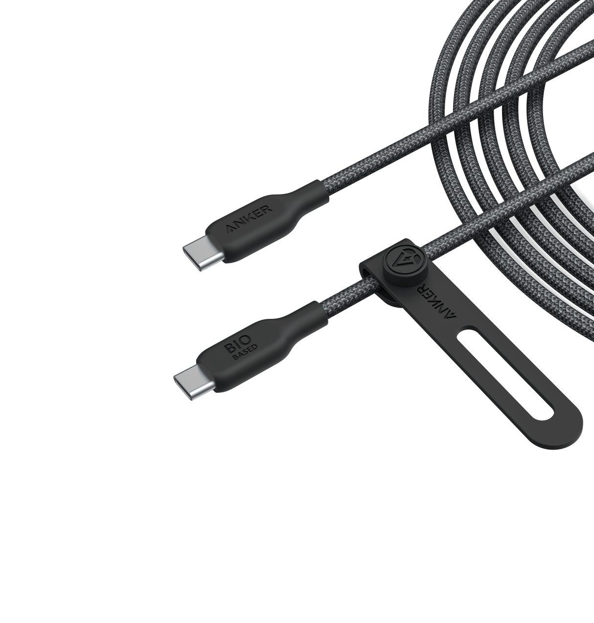 Anker 543 USB-C to USB-C charging cable with bio-braided design, durable and flexible for fast device charging.