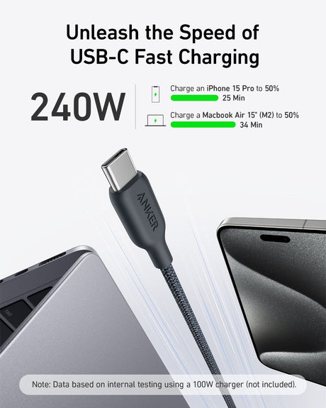 Anker 543 USB-C to USB-C charging cable with bio-braided design, shown connected for fast charging and durability.