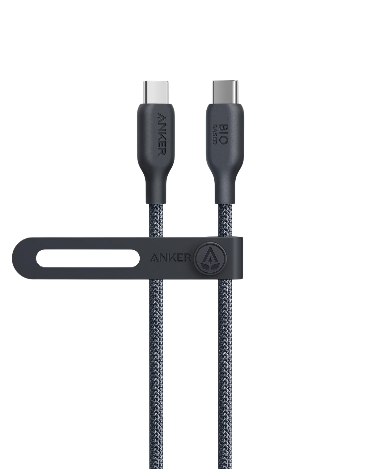 Anker 543 USB-C to USB-C charging cable with bio-braided design, shown in a close-up view of the cable’s durable connector end.