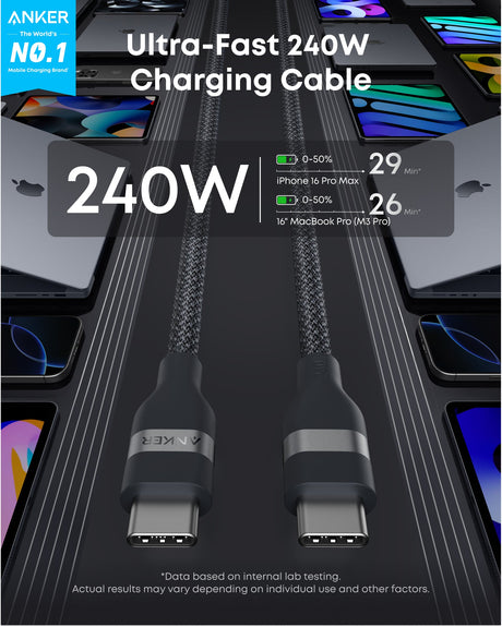 Anker USB-C to USB-C charging cable, upcycled braided design, 3 or 6 feet, supports 240W power transfer, durable and flexible.