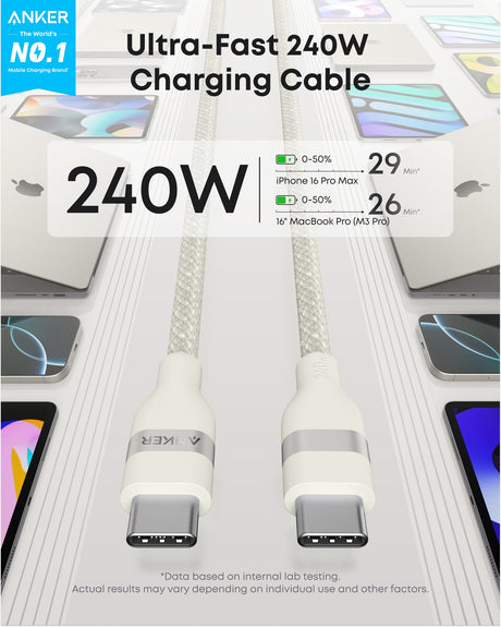 Anker upcycled braided USB-C to USB-C cable in 3 ft or 6 ft length, supporting 240W charging, shown coiled on a surface.