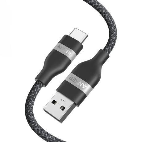Anker upcycled braided USB-A to USB-C cable in 3 ft and 6 ft lengths, with durable braided design on a white background.