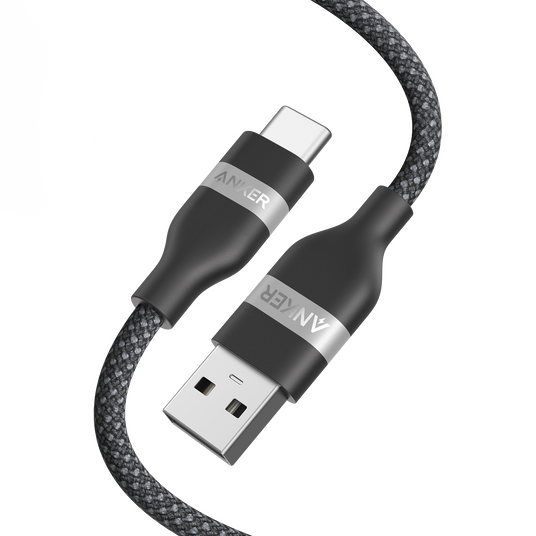 Anker upcycled braided USB-A to USB-C cable in 3 ft and 6 ft lengths, with durable braided design on a white background.