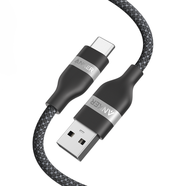 Anker upcycled braided USB-A to USB-C cable in 3 ft and 6 ft lengths, with durable braided design on a white background.