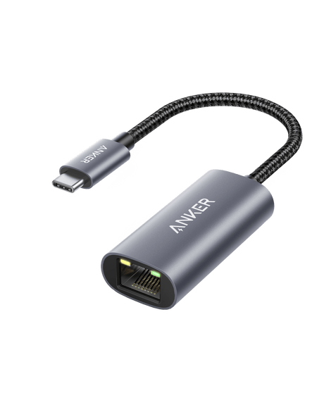 Anker PowerExpand USB-C to Gigabit Ethernet Adapter showing a compact black adapter with USB-C and Ethernet ports.