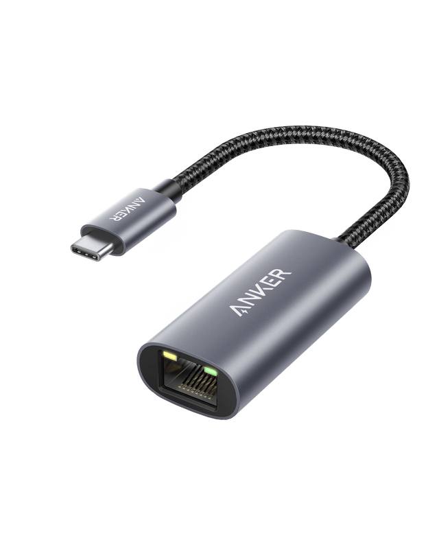 Anker PowerExpand USB-C to Gigabit Ethernet Adapter showing a compact black adapter with USB-C and Ethernet ports.