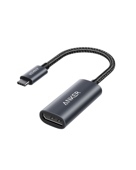 Anker PowerExpand USB-C to DisplayPort adapter showing a compact black connector with USB-C and DisplayPort ports.