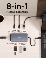 Anker 555 USB-C Hub 8-in-1 with multiple ports for charging and connectivity, shown with connected cables in a sleek design.