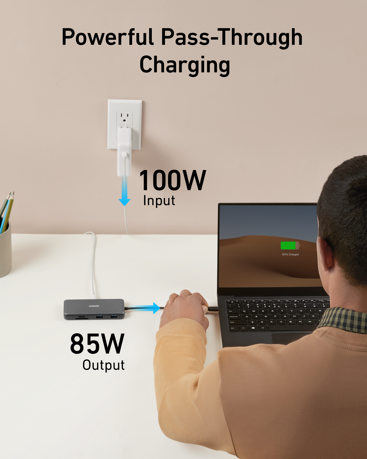 Anker 555 USB-C Hub 8-in-1 charging station with multiple ports, connected to a laptop on a desk.