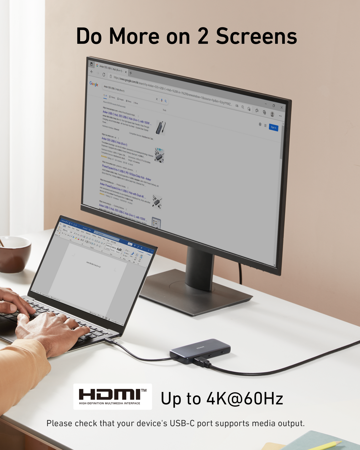 Anker 555 USB-C Hub charging only, 8-in-1 with multiple ports, shown connected to a laptop with cables visible in the image.