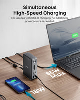 Anker 575 USB-C Docking Station 13-in-1 with multiple ports for charging and connectivity, shown with cables and device connections.