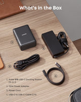 Anker 575 USB-C Docking Station 13-in-1 with multiple ports for charging and connectivity, shown with connected cables.