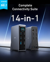 Anker Prime 14-in-1 docking station with dual display ports and 160W power, shown connected to a laptop with multiple devices.