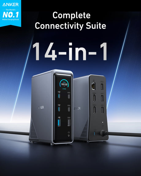Anker Prime 14-in-1 docking station with dual display ports and 160W power, shown connected to a laptop with multiple devices.