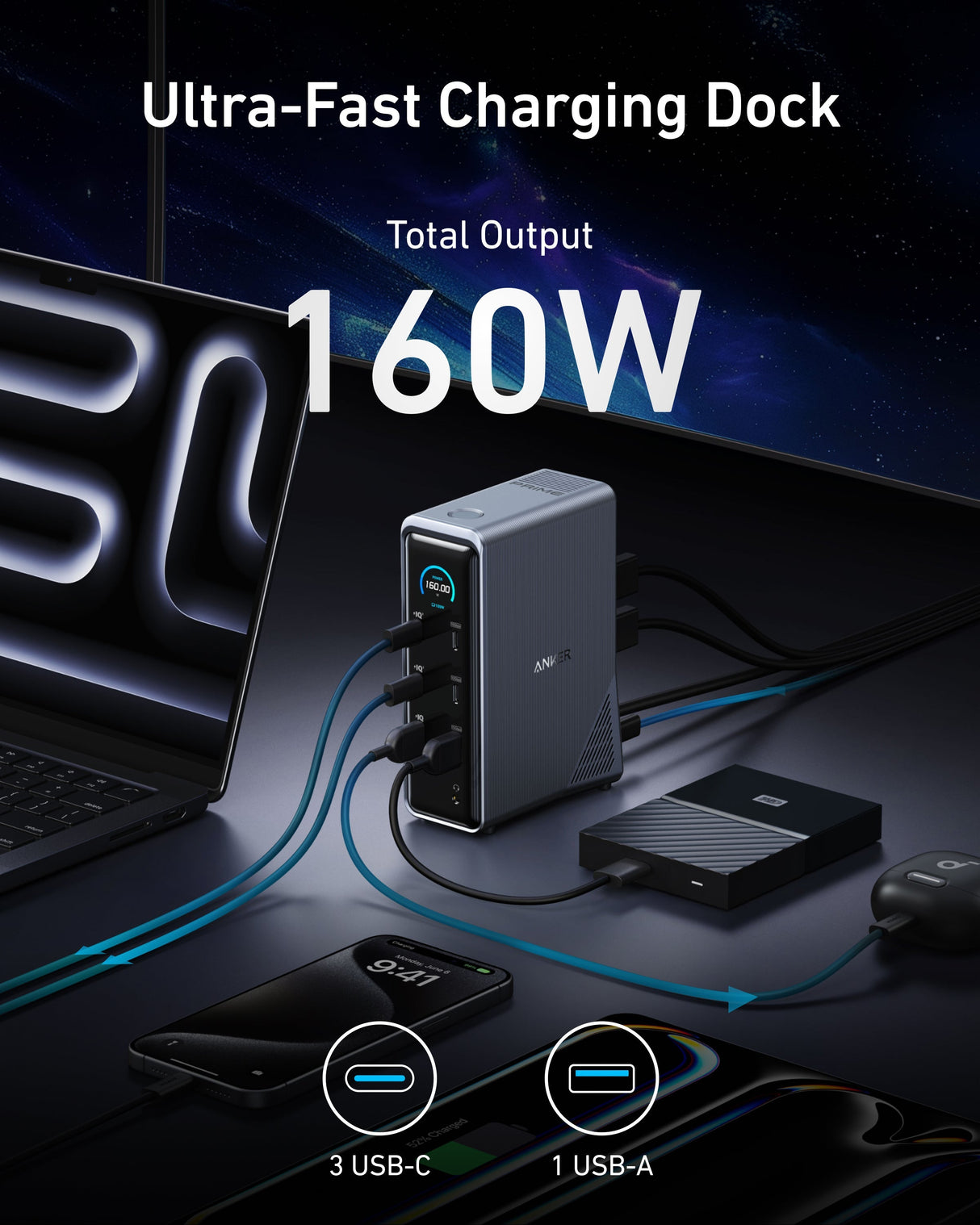 Anker Prime 14-in-1 docking station with dual display ports and 160W power output on a clean workspace.