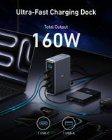 Anker Prime 14-in-1 docking station with dual display ports and 160W power output on a clean workspace.