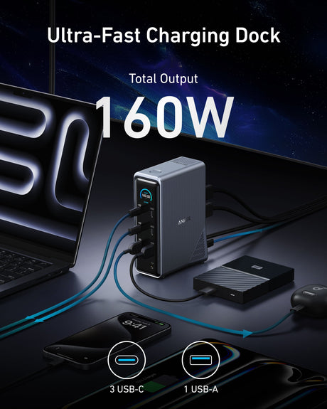 Anker Prime 14-in-1 docking station with dual display ports and 160W power output on a clean workspace.