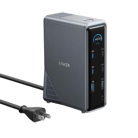 Anker Prime 14-in-1 charging docking station with dual display and 160W power output, shown with connected devices.