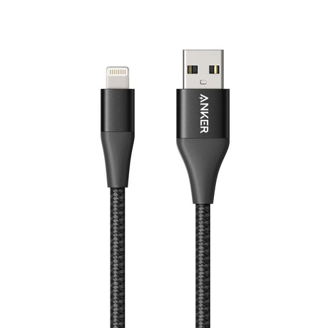 Anker 551 USB-A to Lightning charging cable in black, available in 3 ft, 6 ft, or 10 ft lengths, plugged into a device.